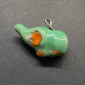 Hand Painted Small Green and Orange Elephant Ceramic Charm Pendant